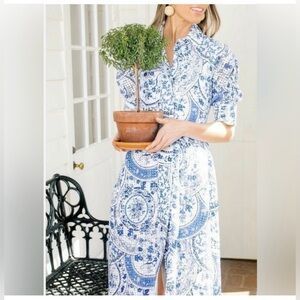 Tuckernuck China Blue Porcelain Eyelet Cotton Button Front Midi Dress Size S